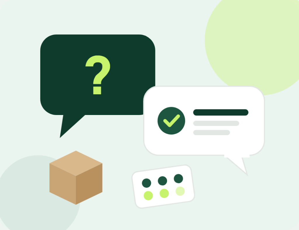 Question and answer speech bubbles with a parcel and a pill pack